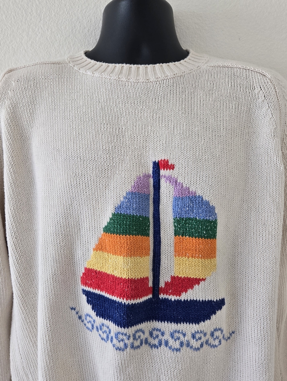 Vintage Van Heusen Sailing Boat Cotton Knit Sweater Mens Large Nautical Pteppy - Picture 6 of 16